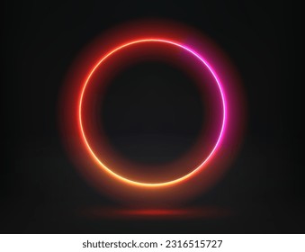 Abstract studio with glowing circle frame of neon light. 3d vector illustration