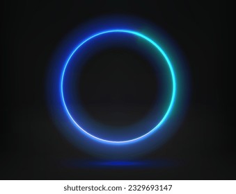 Abstract studio with glowing circle frame of neon light. 3d vector illustration