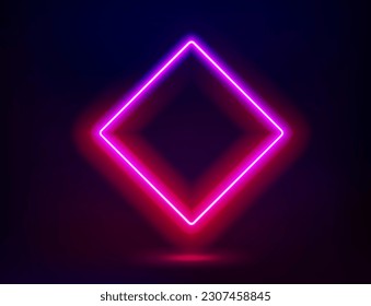 Abstract studio with glowing rhombus frame of neon light. 3d vector illustration