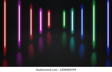 Abstract studio with glowing vibrant neon lights. 3d vector illustration