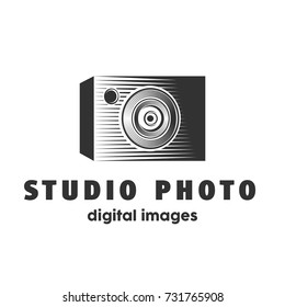Abstract studio photo camera logo design template. Camera lined silhouette vector illustration.