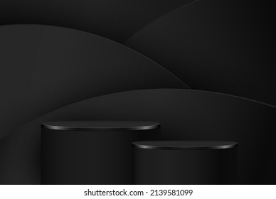 Abstract studio room with podium pedestal. Black geometric platform with wavy background. Luxurious stage for the display of cosmetic products. Showcase, mockup, advertising display.