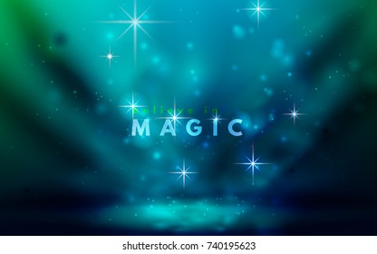 Abstract studio stage with spotlight, glowing sparkles and fog (smoke). Magic, mystical background, glittering and shiny