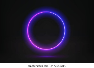 Abstract studio with violet glowing circle frame. 3d vector illustration with neon effect