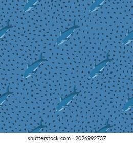 Estilo abstracto patrón animal sin soldadura con siluetas diagonales de tiburón adorno. Fondo con puntos azules. Diseñado para el diseño de tejidos, impresión textil, envoltura, cubierta. Ilustración vectorial.