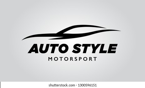 Abstract style auto super car logo design with concept motor sports vehicle icon silhouette on light gray background. Vector illustration