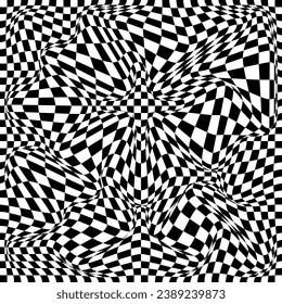 Abstract style black and white chess texture 3d background. Geometric wave pattern with the optical effect of illusion. Vector illustration.