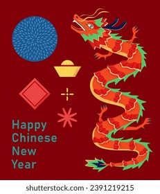 Abstract style CNY elements isolated on dark red background. 