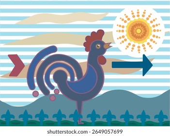 Gallo púrpura oscuro de estilo Abstractas mirando al sol con fondo con cielo rayado, colinas azul-grises y montañas con campos verdes.