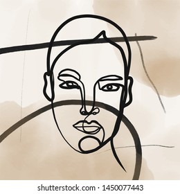 Abstract style face of a woman drawn in a single black line on an abstract background with colored geometric details in pastel shades