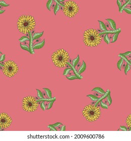 Abstract style floral seamless pattern with yellow random sunflower shapes. Pink background. Graphic design for wrapping paper and fabric textures. Vector Illustration.