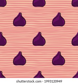 Abstract style food seamless pattern with purple simple fig ornament. Pink striped background. Season print. Designed for fabric design, textile print, wrapping, cover. Vector illustration.
