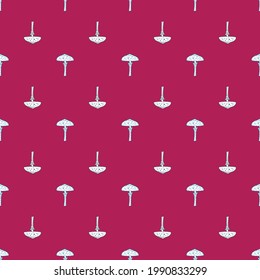 Abstract style funny fall seamless pattern with little outline mushroom ornament. Bright pink background. Stock illustration. Vector design for textile, fabric, giftwrap, wallpapers.
