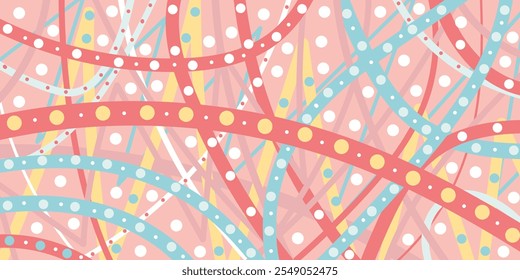 Abstract style geometric blue, red, pink, white, yellow background with lines, dots. Hand drawn, not AI colorful vector illustration for cards, business, banners, wallpaper, textile, wrapping	