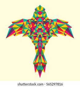 Ilustración abstracta de un pájaro, hecha de varias formas geométricas angulares en color. Ilustración vectorial.