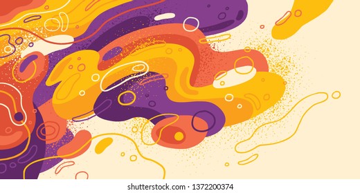 Abstract style illustration, made of various fluid and splattered shapes in colors. Vector illustration.