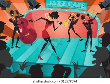 Abstract style illustration of a vibrant Jazz band and super cool lead singer who is striking a stylish pose and playing a musical performance live on stage at a busy nightlife club cafe.