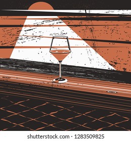 abstract style.  image of a glass with wine.   black, orange and white colors