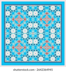  Abstract style mandala pattern in white blue red. Use this pattern in the design of carpet, shawl, pillow, textile, ceramic tiles. Frame. Carpet design.