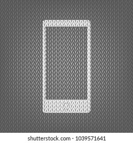 Abstract style modern gadget with blank screen. Template for any content. Vector. White knitted icon on gray knitted background. Isolated.