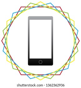 Abstract style modern gadget with blank screen. Template for any content. Vector. Black icon with patch of light inside colorful hexagonal frames at white background.