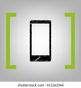 Abstract style modern gadget with blank screen. Template for any content. Vector. Black scribble icon in citron brackets on grayish background.
