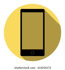 Abstract style modern gadget with blank screen. Template for any content. Vector. Flat black icon with flat shadow on royal yellow circle with white background. Isolated.