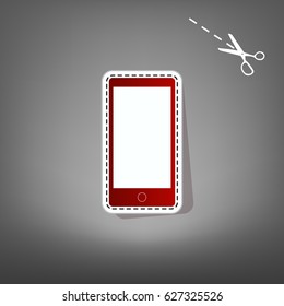 Abstract style modern gadget with blank screen. Template for any content. Vector. Red icon with for applique from paper with shadow on gray background with scissors.