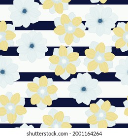 Abstract style nature seamless pattern with light blue and yellow random anemone print. Striped background. Stock illustration. Vector design for textile, fabric, giftwrap, wallpapers.