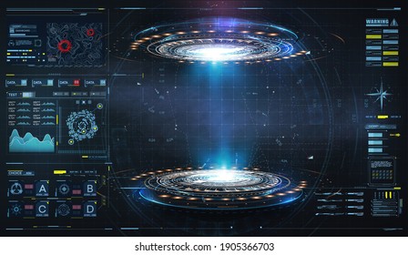 Abstract style on black background. Blank display, stage or podium for show product in futuristic cyberpunk style. Technology demonstration. Futuristic circle 3D lab stage with HUD elements for UI,GUI