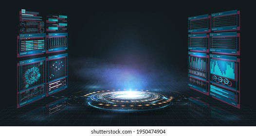 Abstract style on black background. Blank display, stage or podium for show product in futuristic cyberpunk style. Technology demonstration. Futuristic circle 3D lab stage with HUD elements for UI,GUI