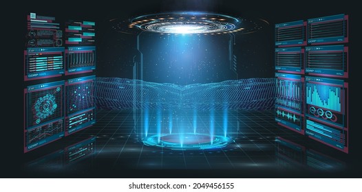 Abstract Style On Black Background. Blank Display, Stage Or Podium For Show Product In Futuristic Cyberpunk Style. Technology Demonstration. Futuristic Circle 3D Lab Stage With HUD Elements For UI,GUI