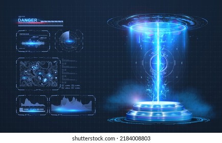 Abstract style on black background. Blank display, stage or podium for show product in futuristic cyberpunk style fantasy frame portal and future data. Light aura and glowing hologram.