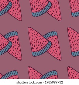 Abstract style organic pink watermelon slice elements seamless pattern. Doodle print. Purple background. Graphic design for wrapping paper and fabric textures. Vector Illustration.