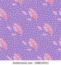 Abstract style organic seamless pattern with pink berry rowan and foliage ornament. Purple background with dots. Designed for fabric design, textile print, wrapping, cover. Vector illustration.