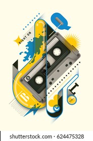 Abstract style poster design with Compact Cassette, typography and various objects in color. Vector illustration.