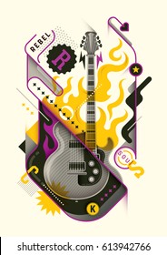 Abstract style poster design with electric guitar, flames, typography and various objects in color. Vector illustration.