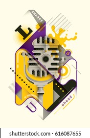 Abstract style poster design, with retro microphone, typography and various objects in color. Vector illustration.