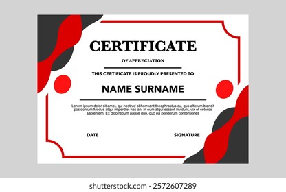 abstract style red and black color certificate template for education awards.