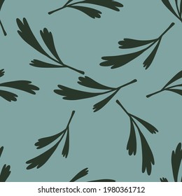 Abstract style seamless pattern with dark green random leaves ornament. Blue background. Herbal artwork. Designed for fabric design, textile print, wrapping, cover. Vector illustration.