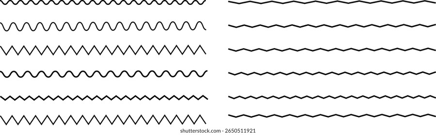 Abstract style Set of seamless borders zigzag. Graphic design elements. pattern on black. Wave line ,curvy line. Abstract style zigzag line. Vector illustration.	