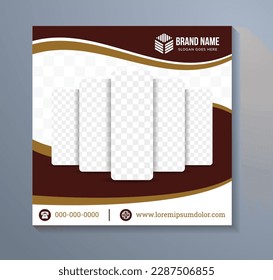 abstract style social media template design. space of photo collage and text. Advertising banner with square layout. gold and brown elements with white background.