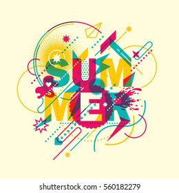 Abstract style summer background with colorful composition, made of typography and various designed shapes. Vector illustration.