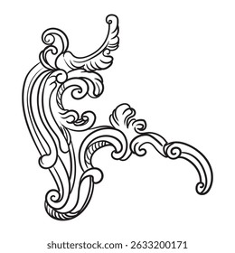 Abstract style swirl decorative design element. Engraving retro ornament. Vintage damask, baroque and filigree wedding scroll art. Vector illustration for wedding, decoration, cards, invitation