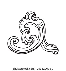 Abstract style swirl decorative design element. Vintage damask, baroque filigree wedding scroll art. Engraving retro ornament. Vector illustration for wedding, decoration, cards, invitation