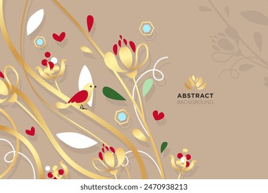Abstract, stylised background with gold and coloured flowers, leaves, branches, bird and hearts in vector.