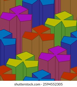 Abstract stylish 3D seamless pattern with geometric designs colorful illustration. Ideal for graphic projects, backgrounds, or textiles, this pattern adds a modern touch with its geometric shapes.