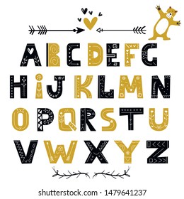 Abstract stylish alphabet in scandinavian style.Hand drawn letters, stylish abc. Creative Kids font. Cartoon bear