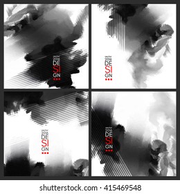 Abstract stylish background Black ink paint. Black blot isolated on white square. Grunge watercolor banner. Painting. Wallpaper with empty space for your text. Vector illustration set.