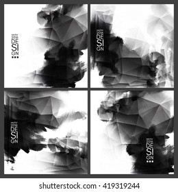 Abstract stylish background Black ink paint. Black blot isolated on white square. Grunge watercolor banner. Painting. Wallpaper with empty space for your text. Vector illustration set.